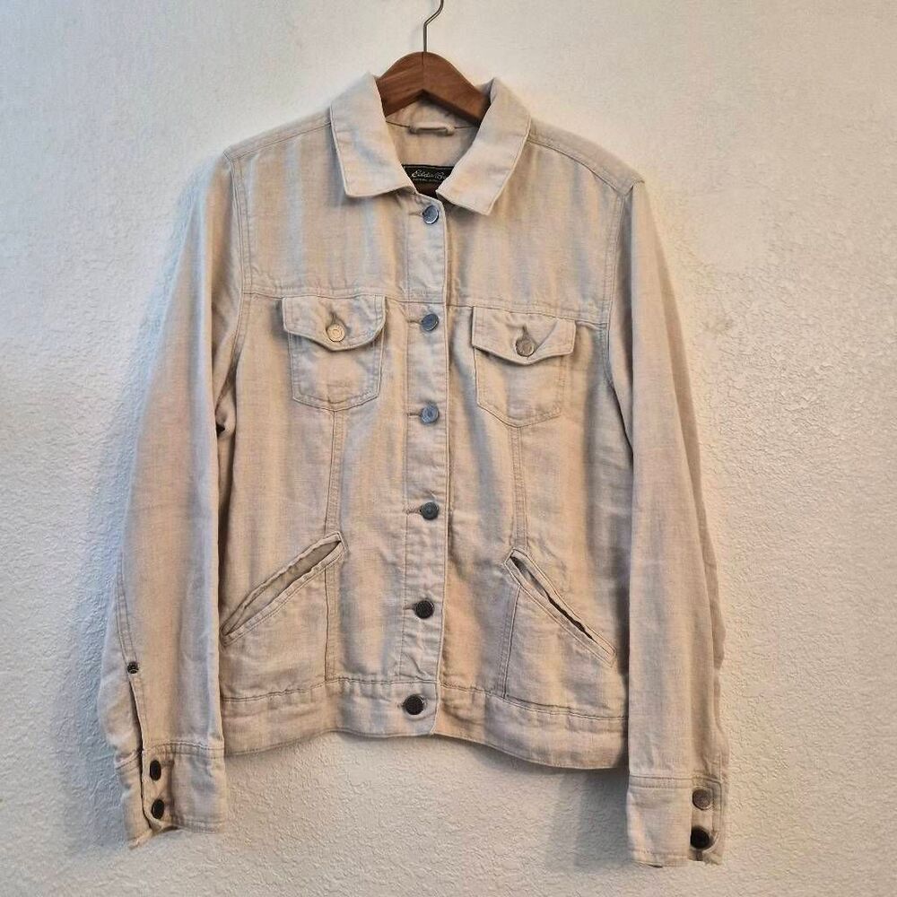 Eddie Bauer Linen Trucker Jacket Neutral Cream/Beige: Lg Lightweight Summer Sexy